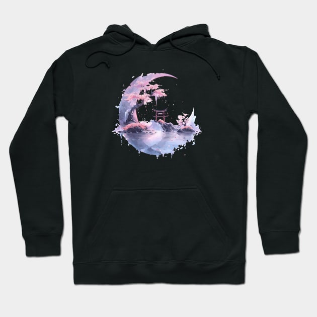 Japanese scenery of a tori with moon and sakura bonsai Hoodie by Myanko